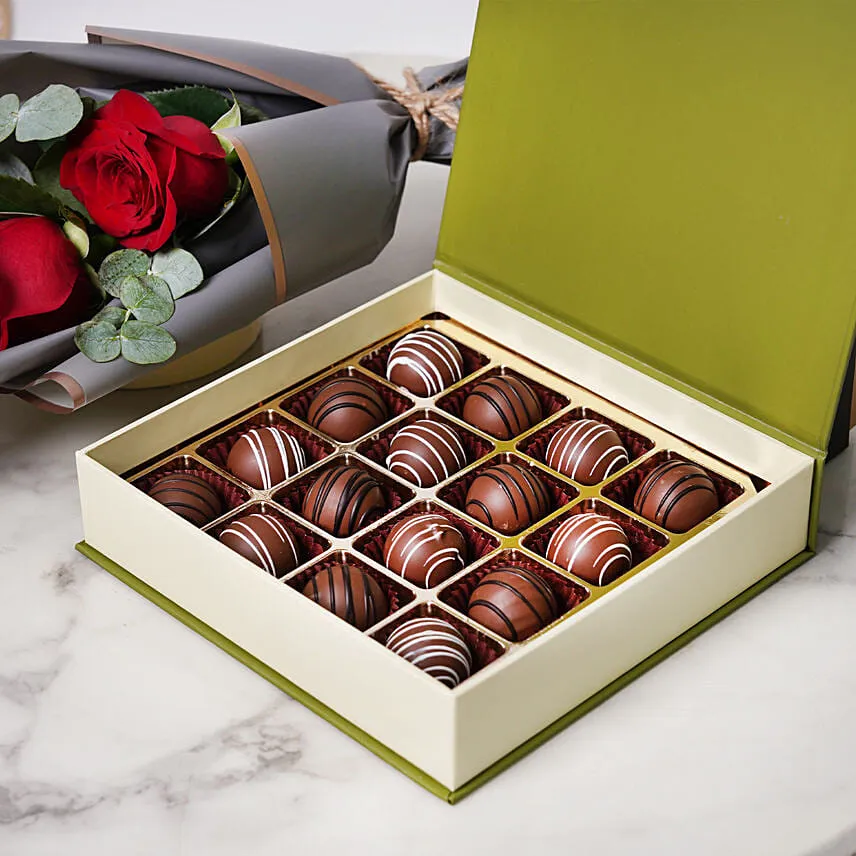 Chocolate Truffles and Bunch of 3 Red Roses