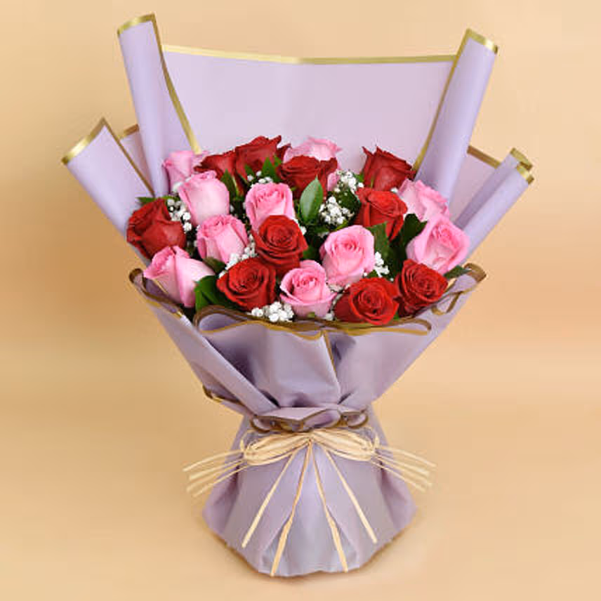 Love Expressions Pink And Red Roses Bouquet With Cake For Valentines Day