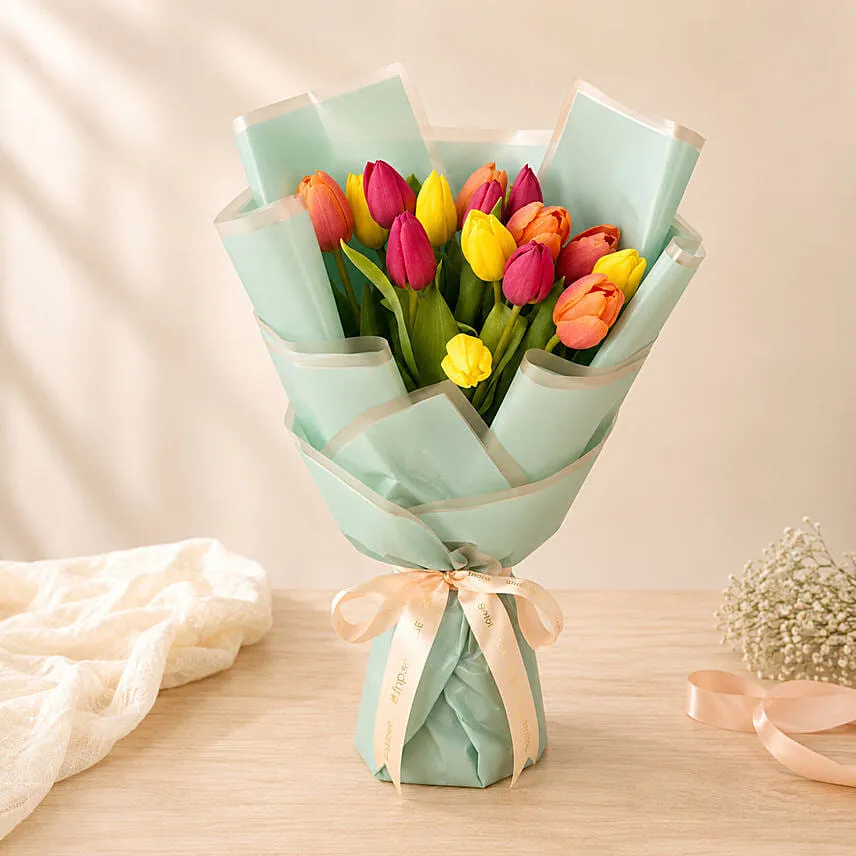 Beautifully Wrapped Mixed Tulips Bouquet