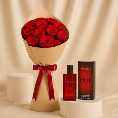 عطر دافيدوف هوت ووتر وباقة ورود حمراء فاخرة