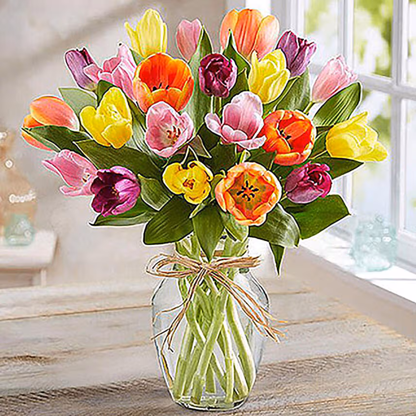 20 Multicolored Tulips In Glass Vase