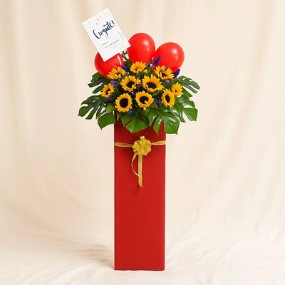 Blooming Mixed Flowers Red Cardboard Stand