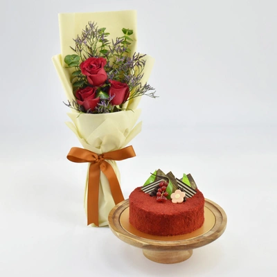Elegant Red Velvet Cake with a Bouquet of 3 Red Roses