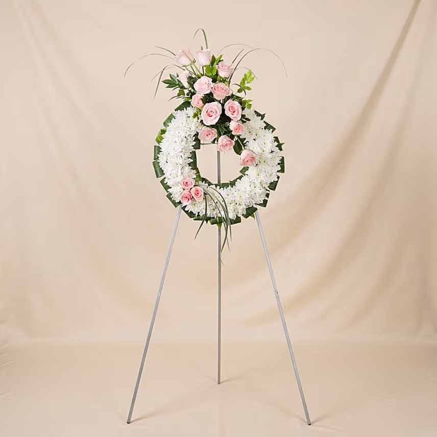 White and Pink Wreath Flowers Stand