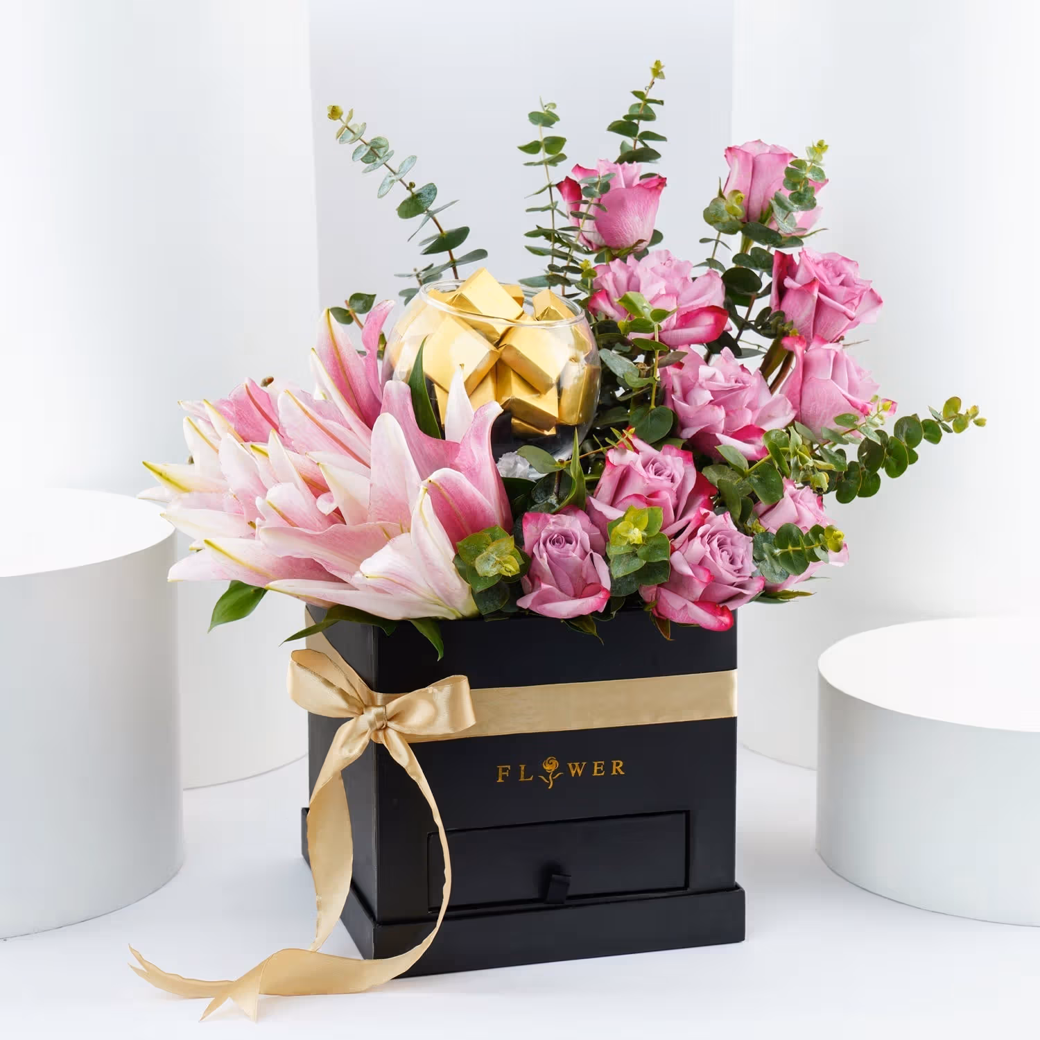 Elegant Floral Delight | Pink Lilies and Purple Roses with Gourmet Chocolates
