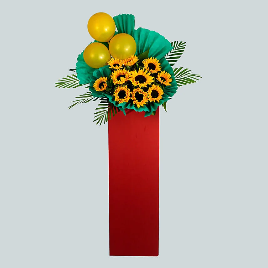 Mixed Flowers Green Balloons Cardboard Stand