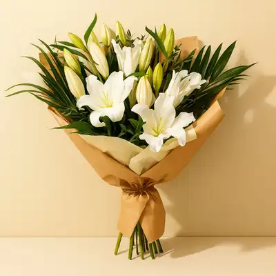 Elegant White Lily Bouquet with Areca and Eucalyptus Leaves