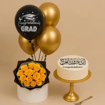 Graduation Congrats Cake With Roses n Balloons