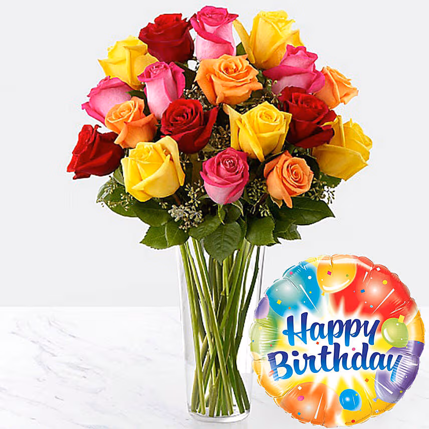 Vase Of 12 Vivid Roses With Birthday Balloon