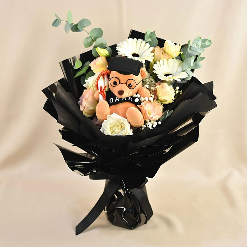 Graduation Hand Bouquet – Elegant Blooms with Plush Teddy