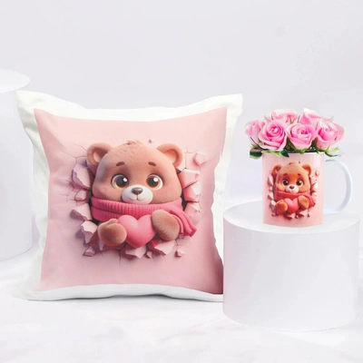 Adorable Teddy Bear Cushion & Mug Gift Combo with Pink Roses