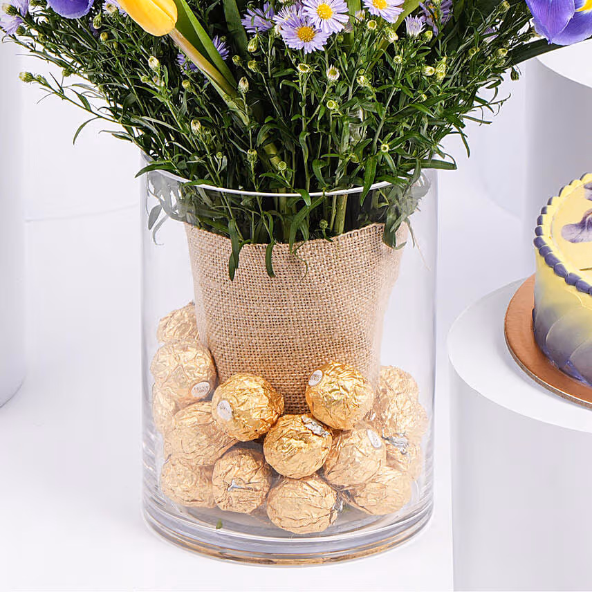 Feb Birthday Flower Iris & Tulips with Cake