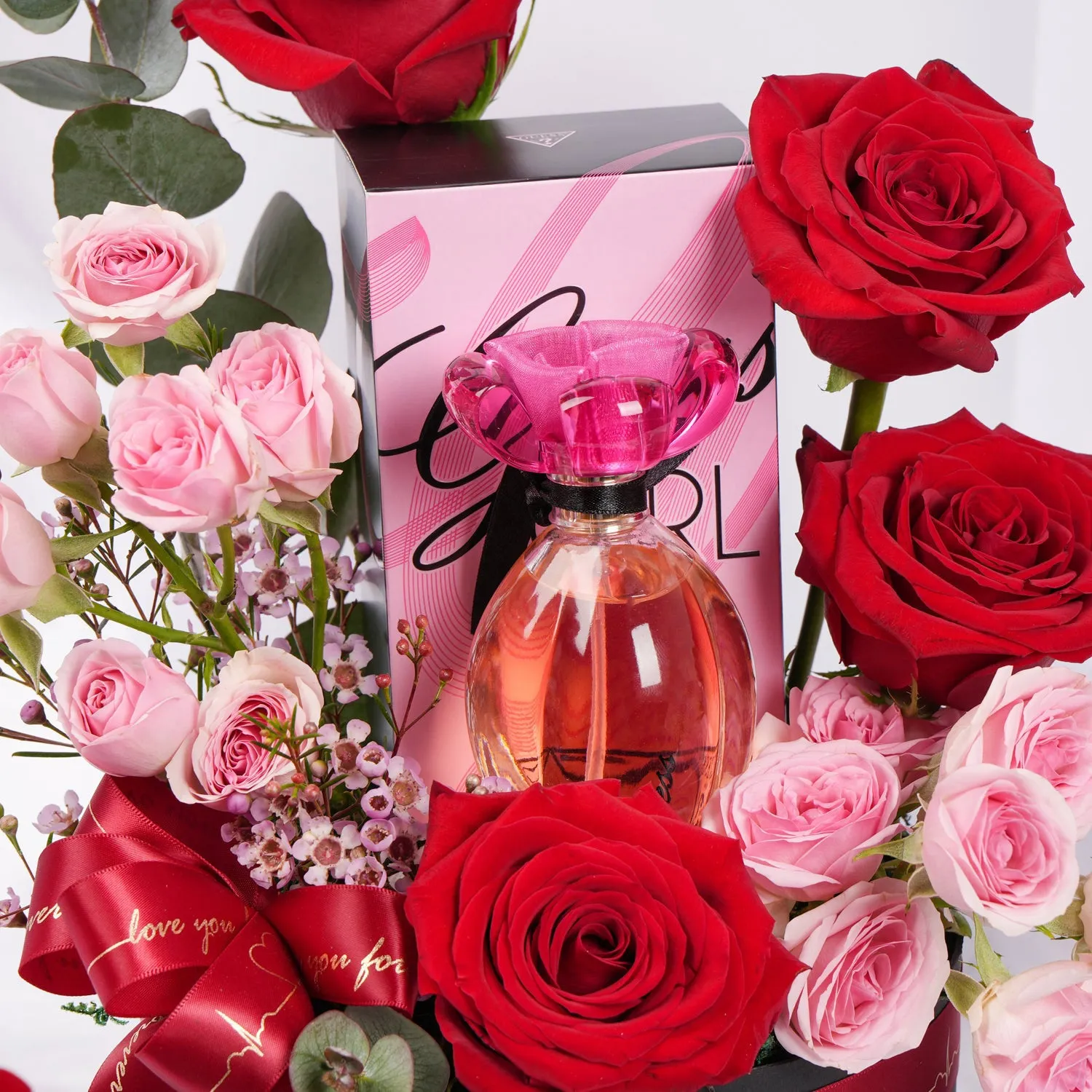 Luxurious Love Rose Box with Guess Girl Perfume