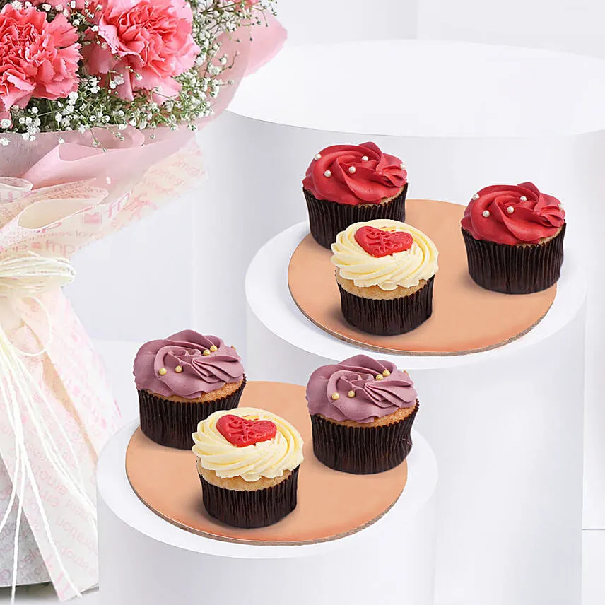 Pink Carnations Elegance for Mom with Cupcakes