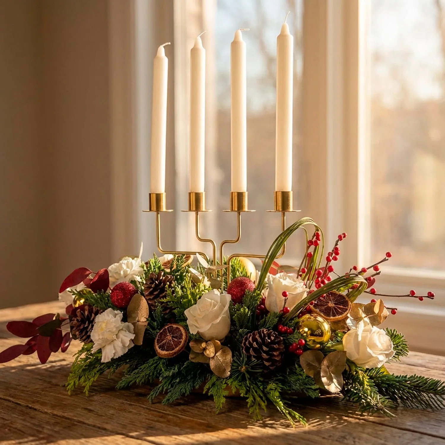 Elegant Christmas Greetings Centerpiece with Candles