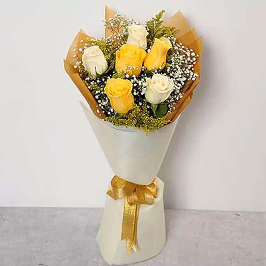 Bunch Of White and Yellow Roses & Fruit Cake
