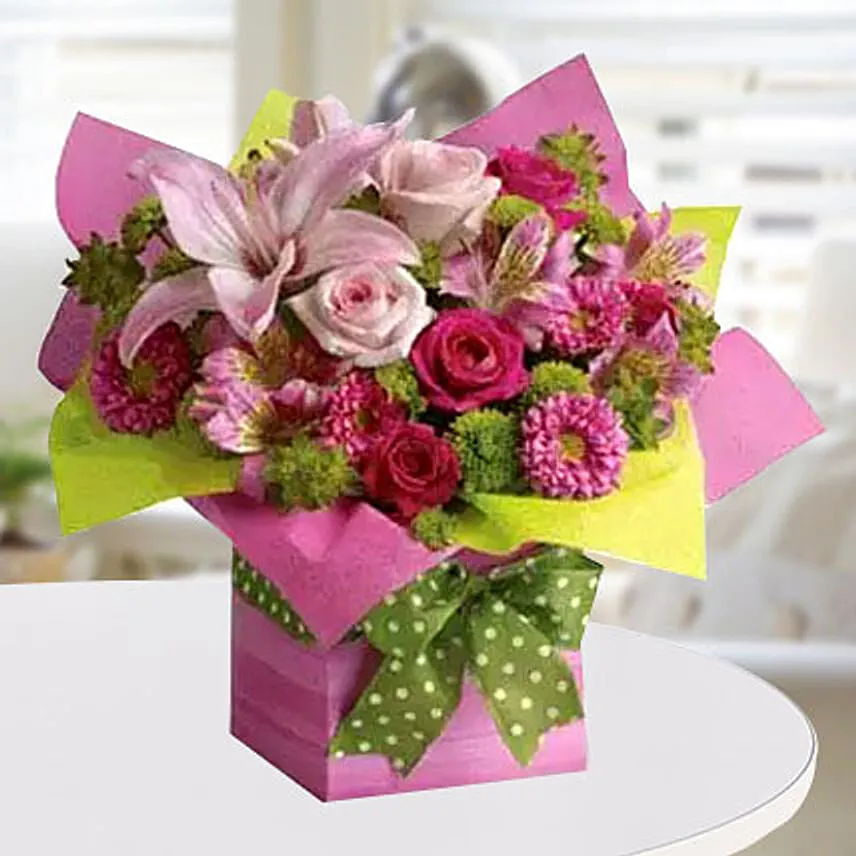 Exotic Pink Flower Vase & Mono Cake For Birthday