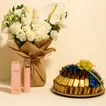 Elegant White Flower Bouquet with Hugo Boss Perfume and Gourmet Chocolate Tray