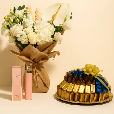 Elegant White Flower Bouquet with Hugo Boss Perfume and Gourmet Chocolate Tray