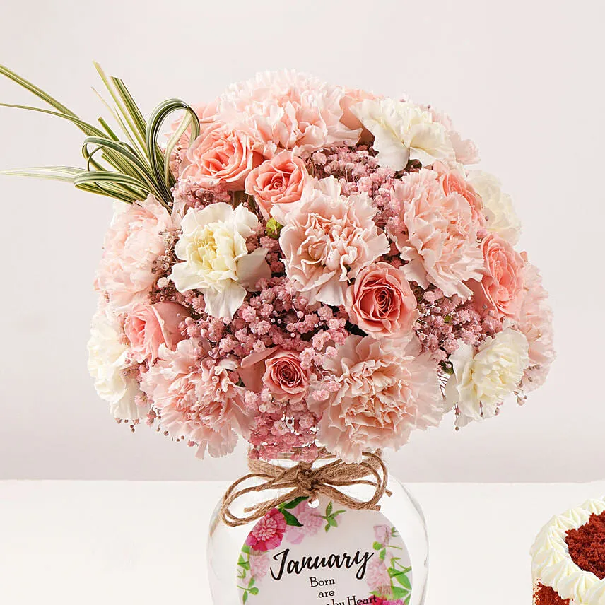 January Birthday Wish Flower Vase And Cake