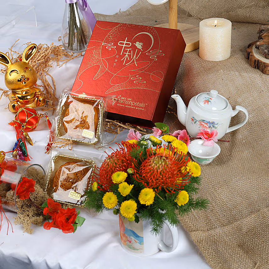 Mid Autumn Flowers in Mug with Moon Cake