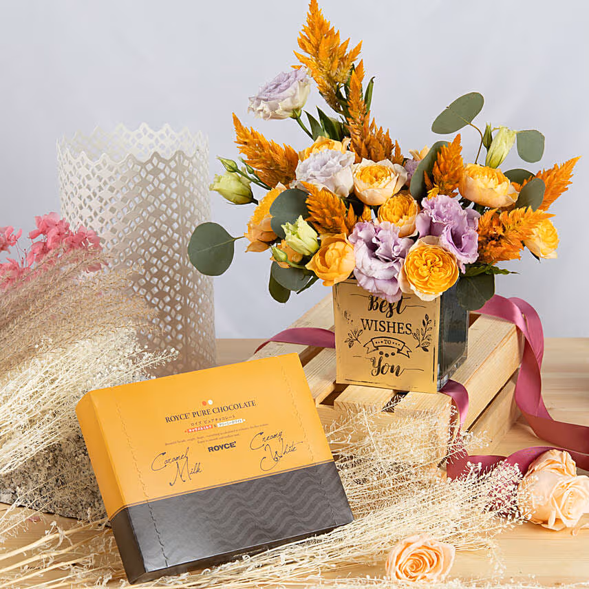 Best Wishes Flowers Arrangement with Royce Chocolates