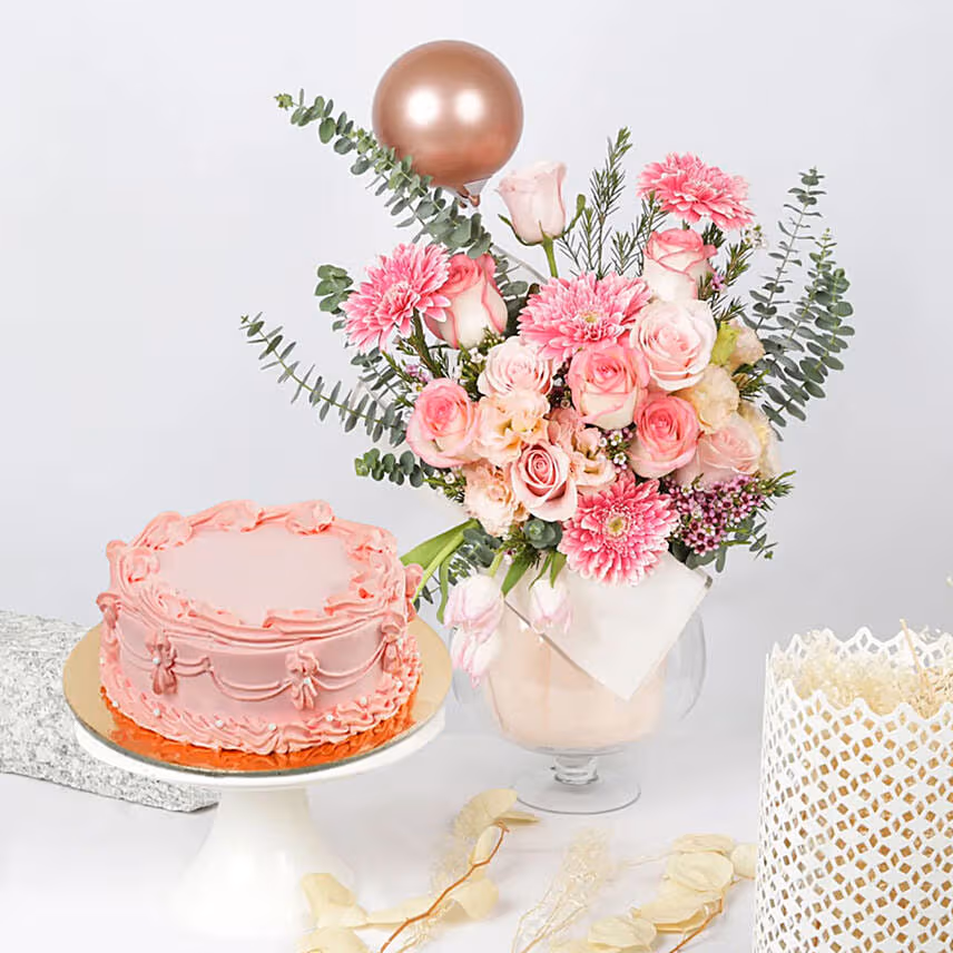 Pink Flowers Blush Arrangement & Strawberry Cake