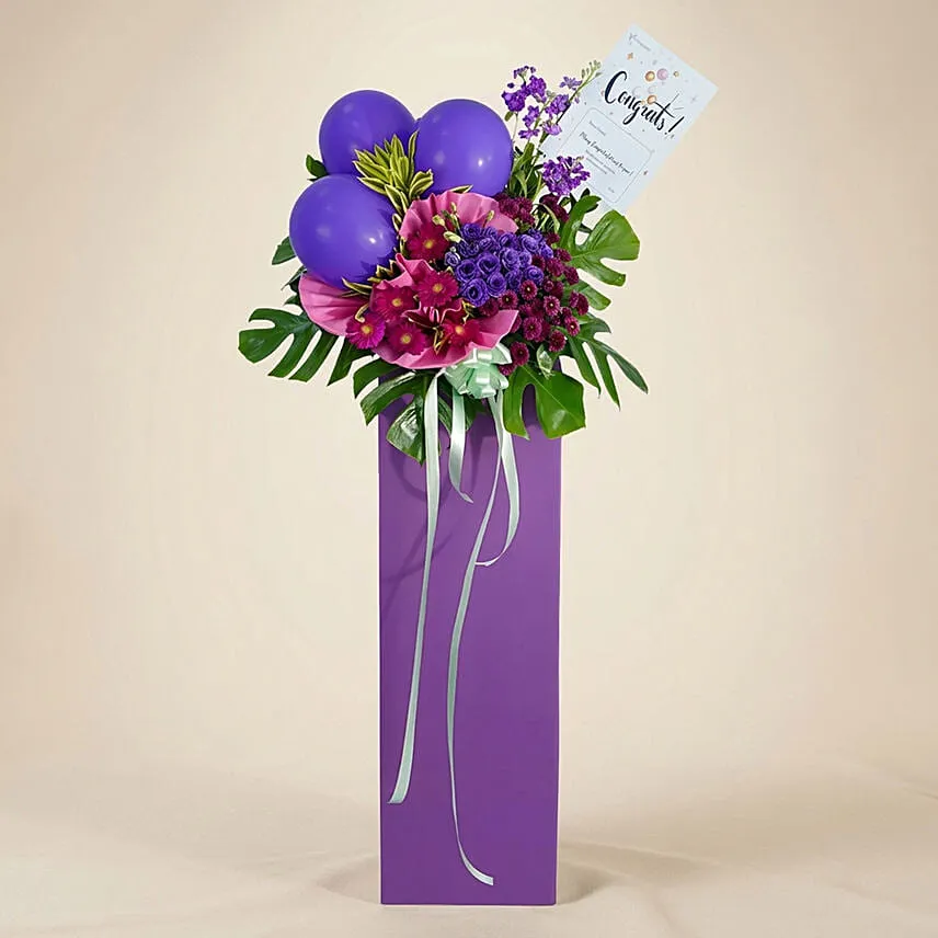 Mixed Flowers Purple Balloons Cardboard Stand