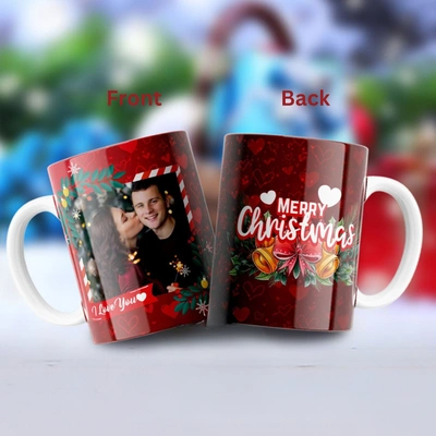 Customizable Red Merry Christmas Ceramic Mug with Photo Print