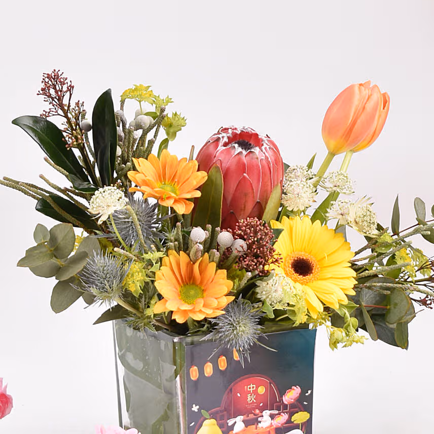 Happy Mid Autumn Festival Flowers Arrangement with Pomelo