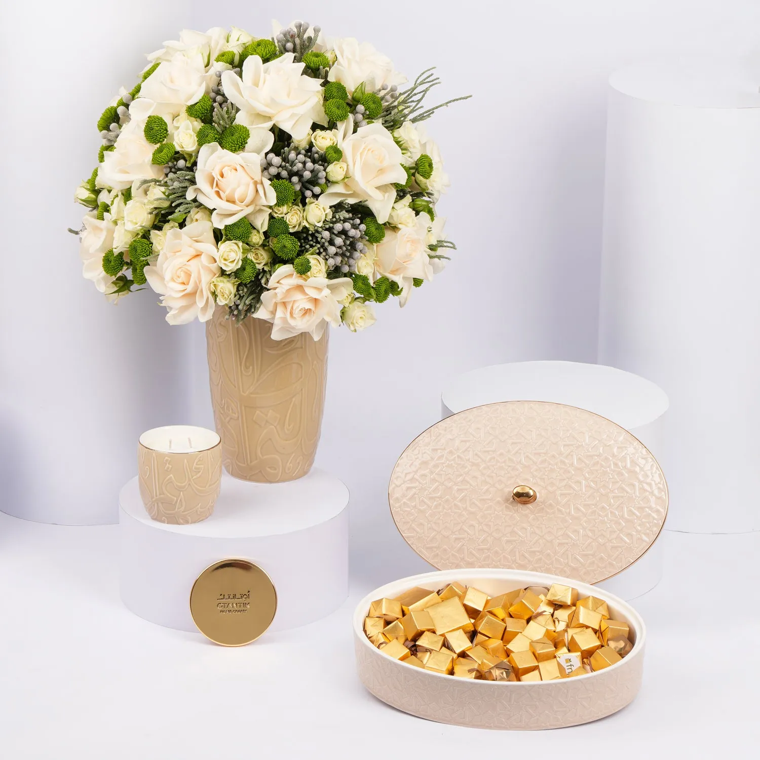 Otantik Home - White Roses Vase n Chocolate n Candle
