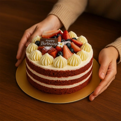 Delightful Red Velvet Cake with Cream Cheese & Fresh Fruits