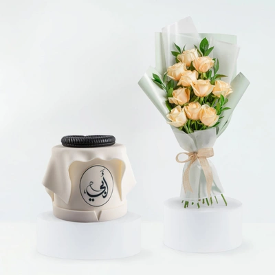 Elegant Father's Day Gift: Peach Roses & Chocolate Cake