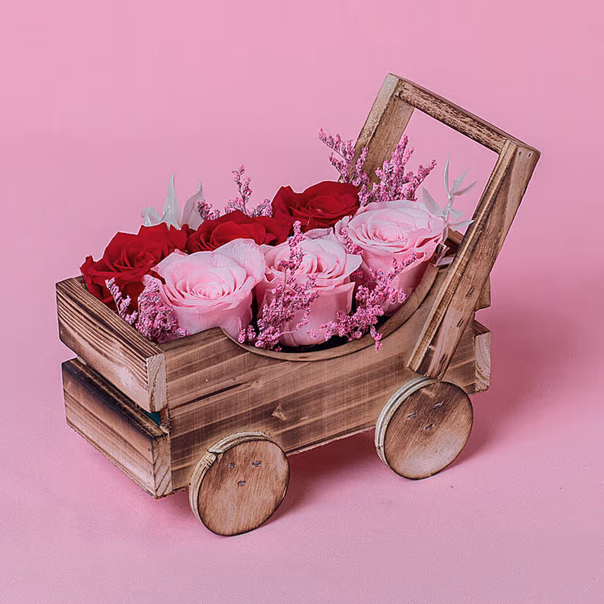 Preserved Roses Arrangment In a Cart
