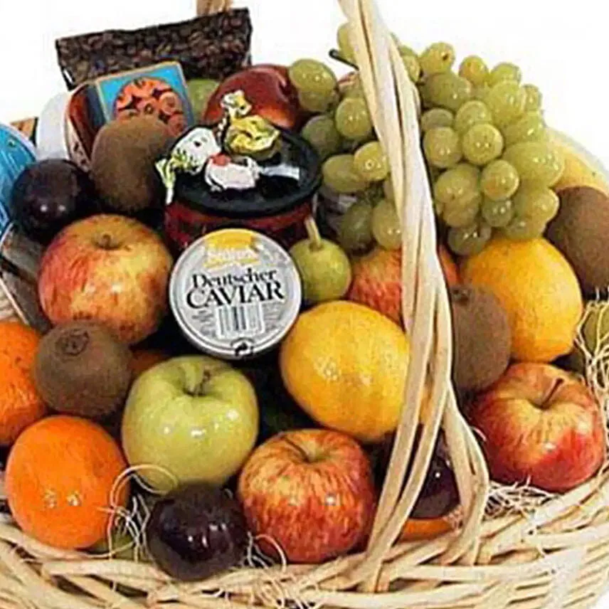 Basket Of Fruits With Roses Bouquet & Champagne