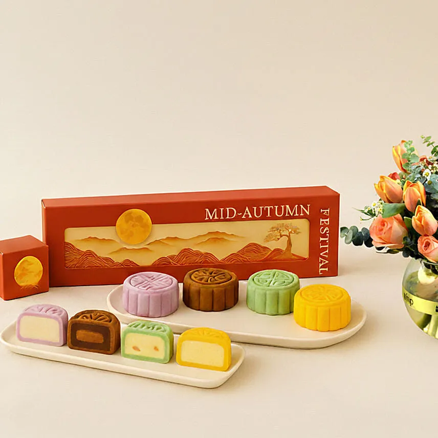 Mid-Autumn Snowskin Mooncakes Box of 4 with Radiant Orange Flower Arrangement Gift Set