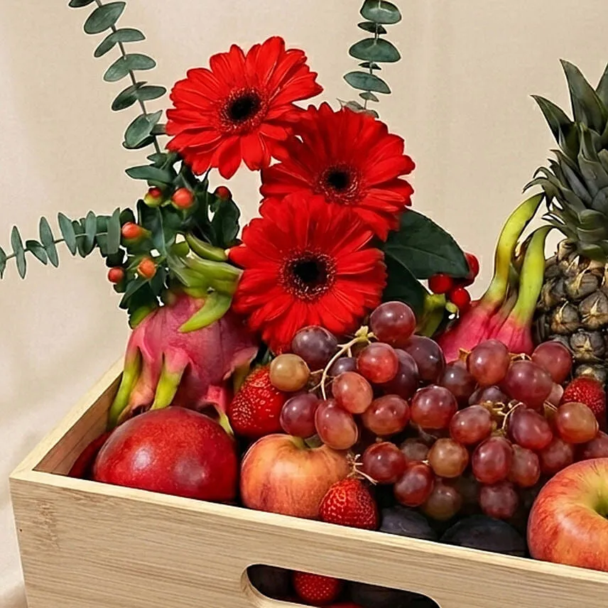Mixed Red Flowers & Assorted Fruits Oval Basket