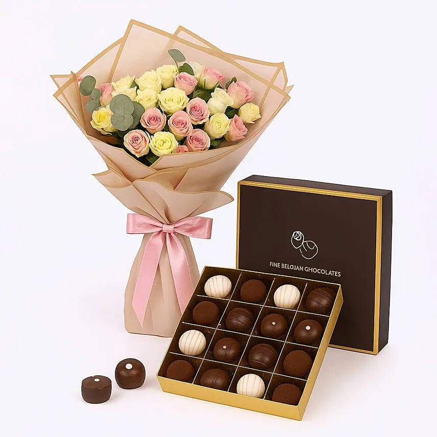 White And Pink Baby Roses Bunch with Truffle Chocolate Combo