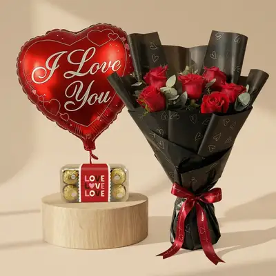 Romantic Valentine Love Combo: Roses, Chocolates & Balloon