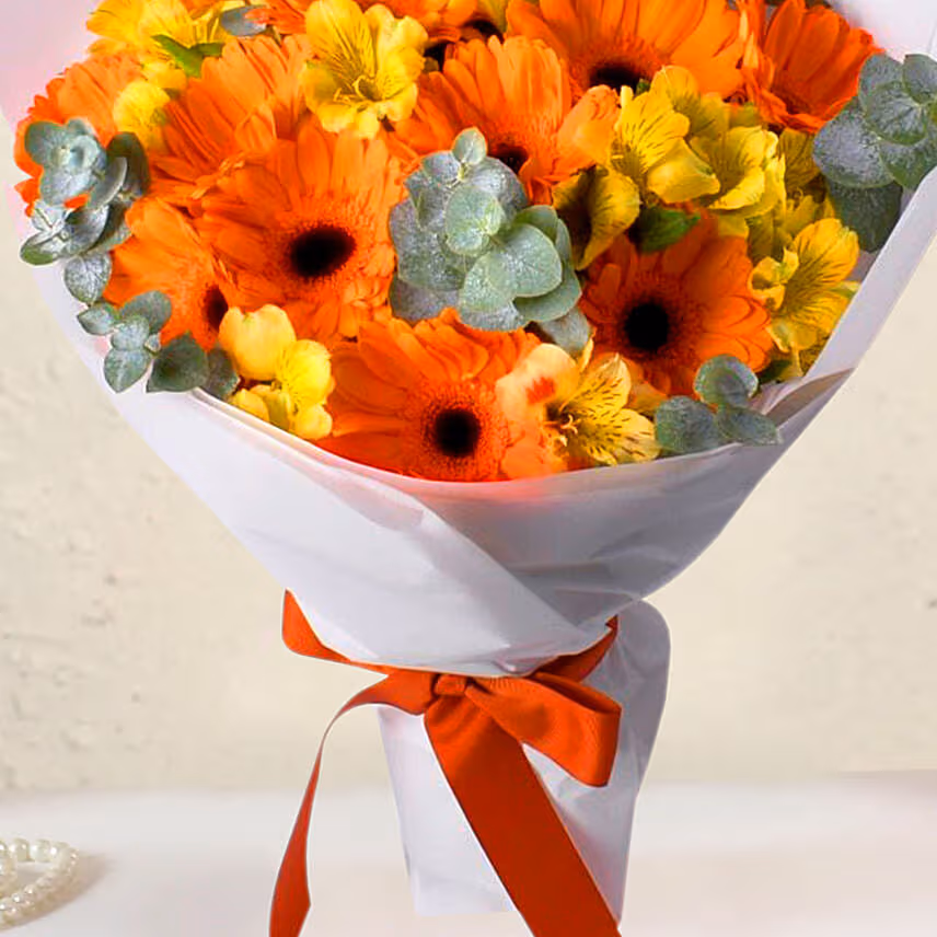 Delightful Gerberas N Alstroemeria Bouquet With Ferrero Rocher