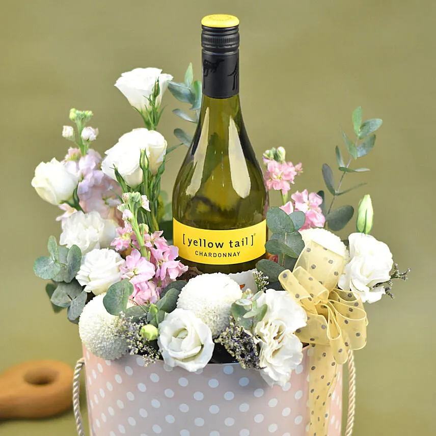 Mixed Flowers & White Wine Pink Box