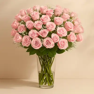 Elegant Bouquet of 50 Stunning Pink Roses with Gypsophila in a Glass Vase