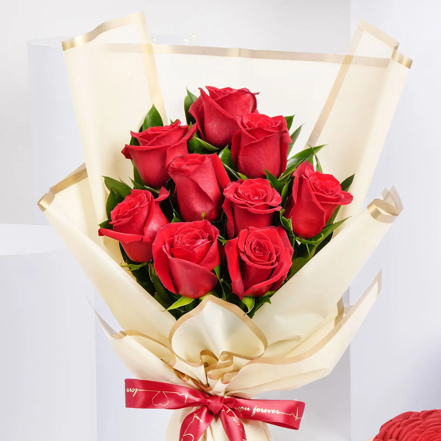 Romantic 9 Red Roses Bouquet with Heart-Shaped Chocolate Cake