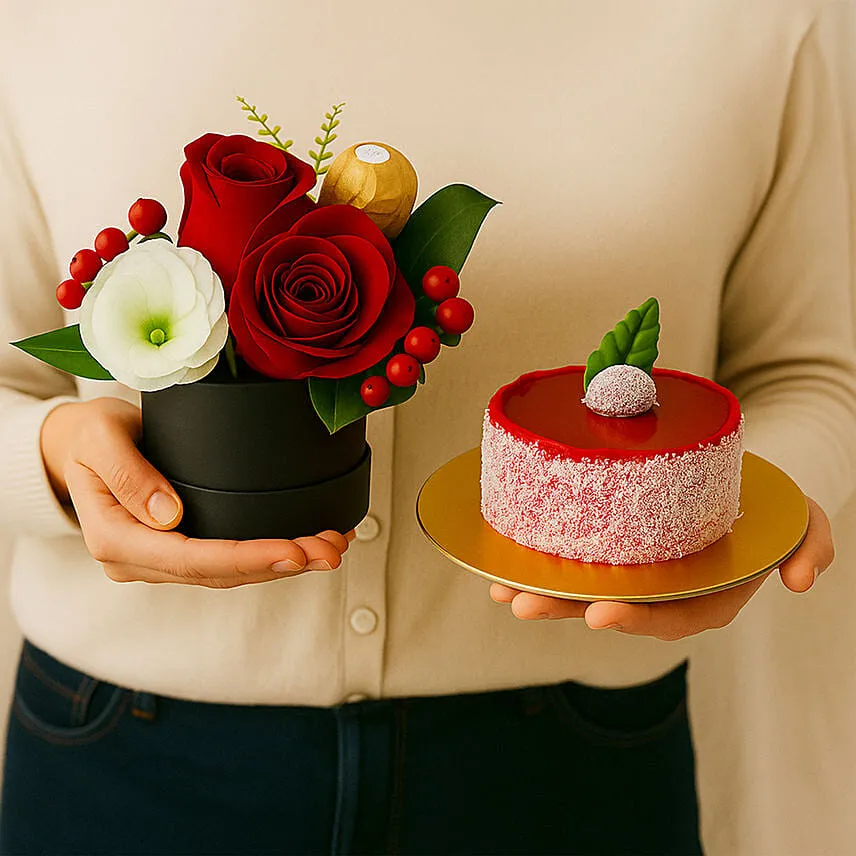 Fresh Blooms & Rocher in Round Box with Mini Mousse Cake