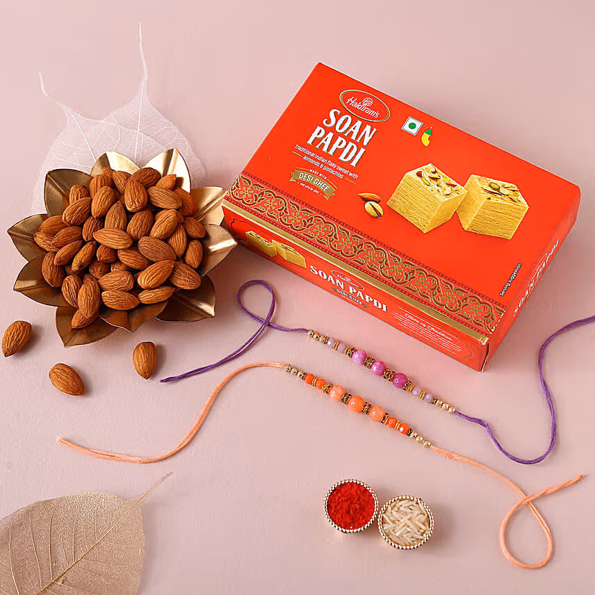 Sneh Pretty Beads Rakhi Set With Soan Papdi & Almonds