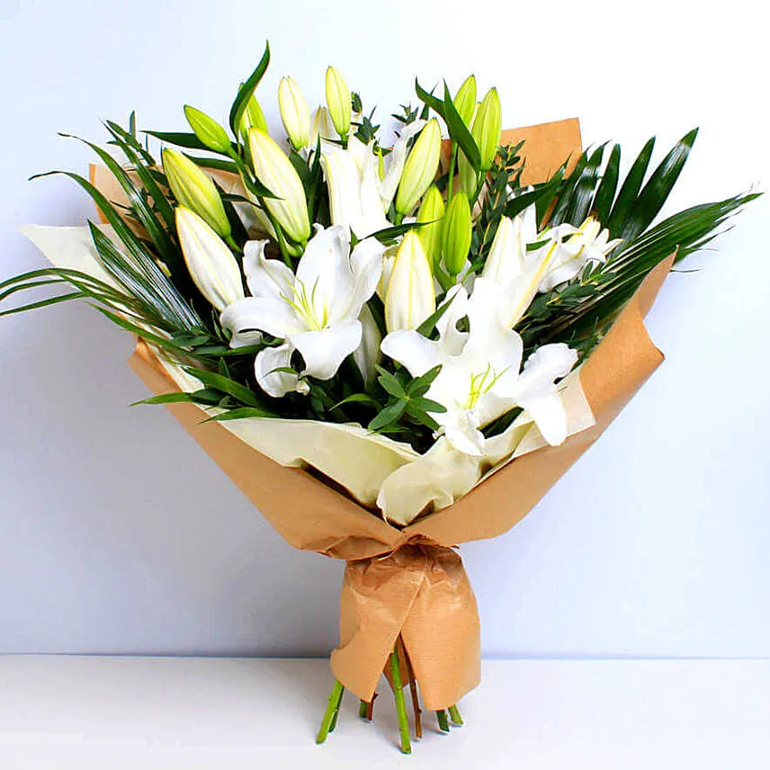 White Beauty Lilies Bouquet With Teddy Bear