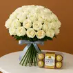 Elegant White Rose Bouquet with Ferrero Rocher Chocolates