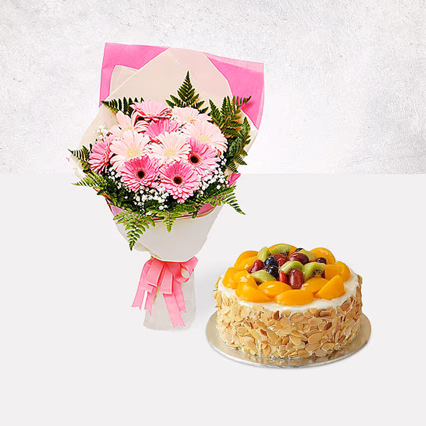 Pink Gerbera Bouquet & Fruit Cake