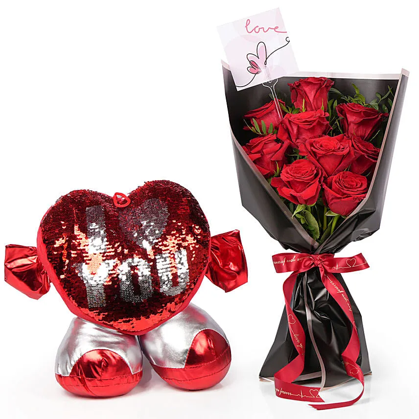 9 Red Roses and Sequin Heart