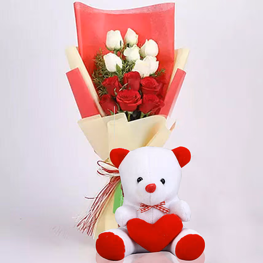 Red and White Roses Bouquet with Teddy Bear